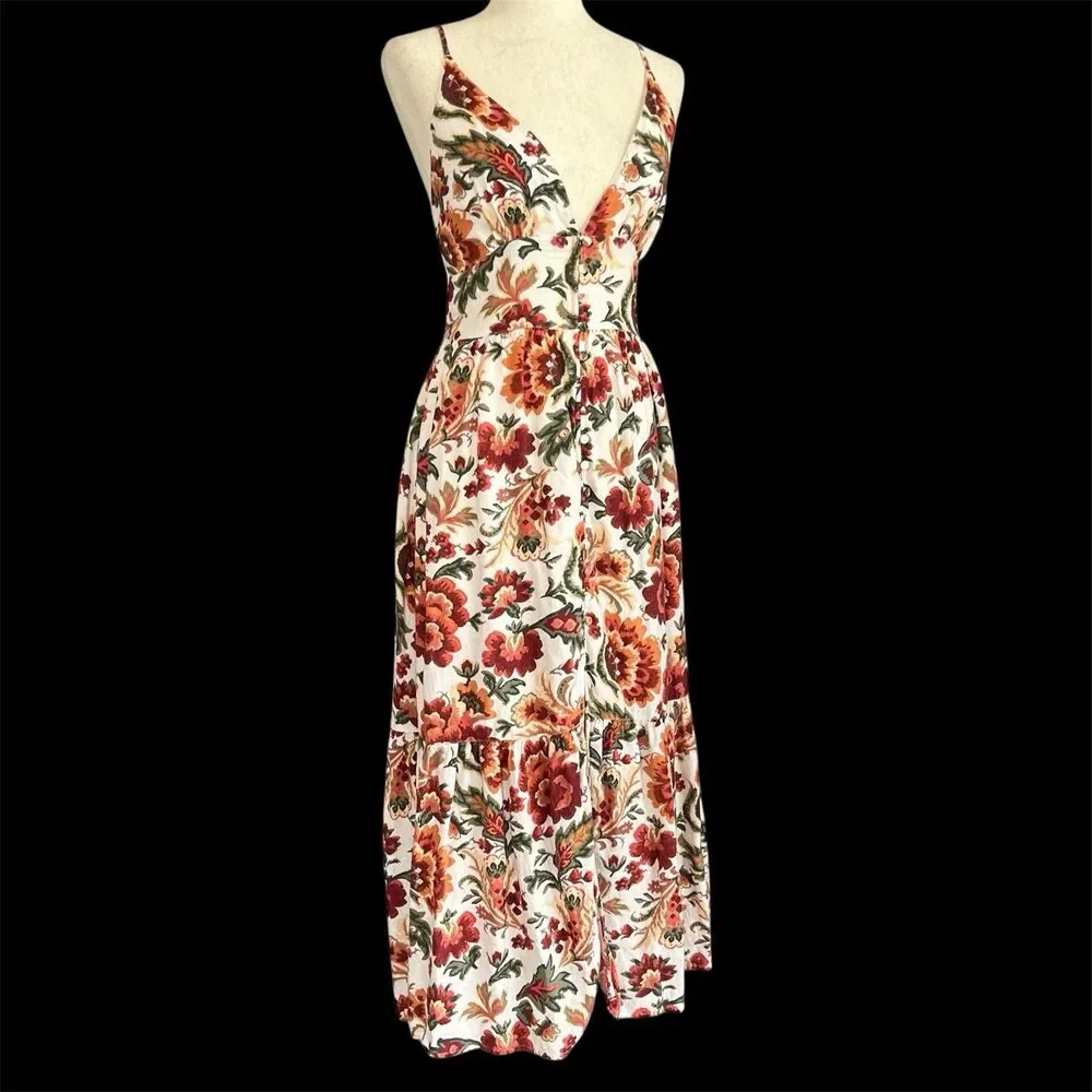 Abercrombie & Fitch Floral Linen Dress SP Buttons Plunge Neck Smocked Boho Maxi